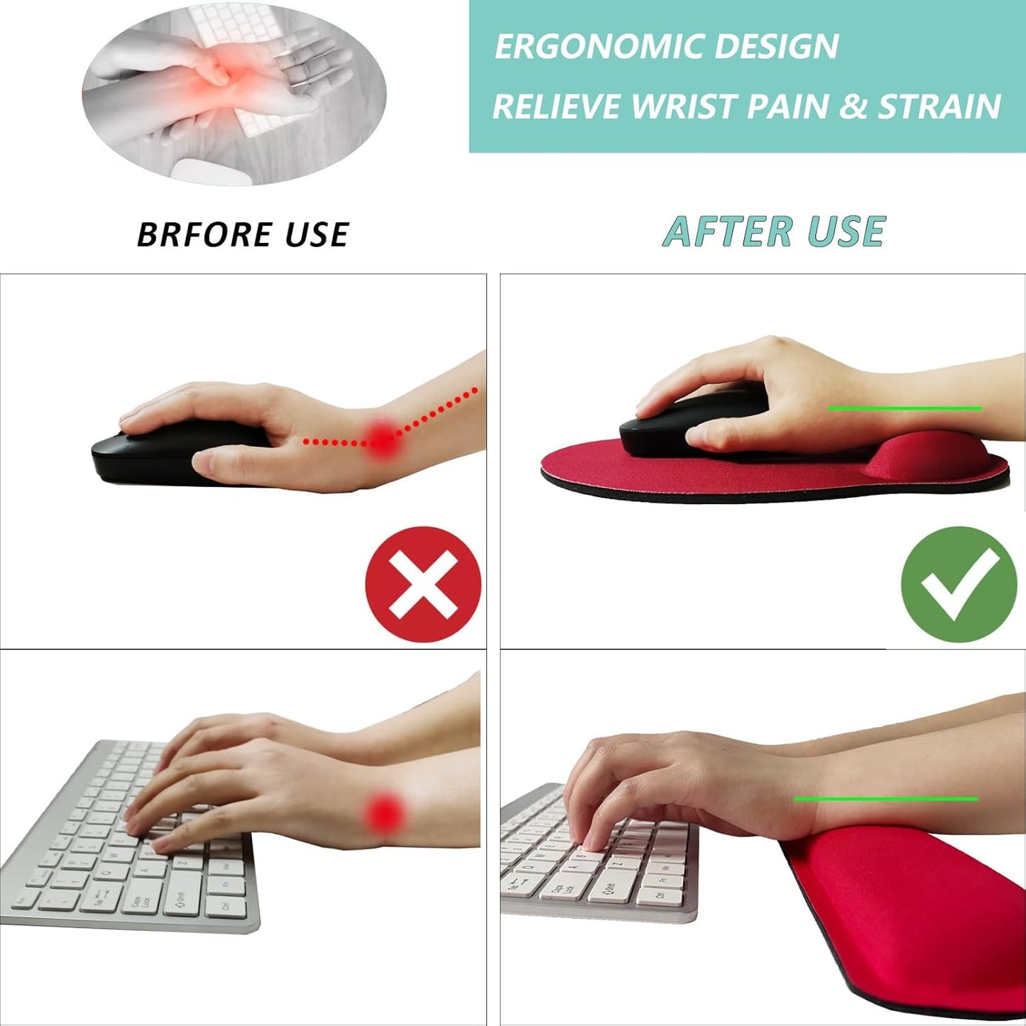 Keyboard Wrist Rest Pad Mouse Pad with Wrist Support Set of 3, Mousepad with Non-Slip Rubber Base, Ergonomic Memory Foam Mouse Wrist Cushion Support for Home Office Laptop Computer, Flower Black