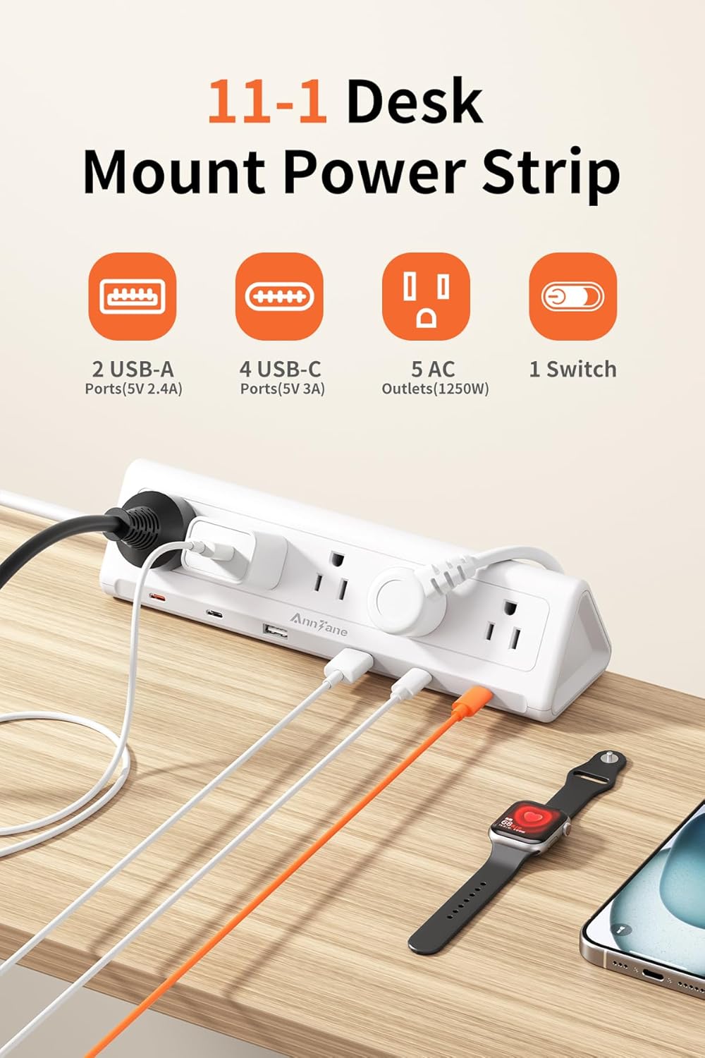 6.5 FT Desk Clamp Power Strip with 5 AC Outlets & 6 USB Ports PD 40W USB-C Fast Charging, 1250J Surge Protector, Fits 2.1 in top Edge Black
