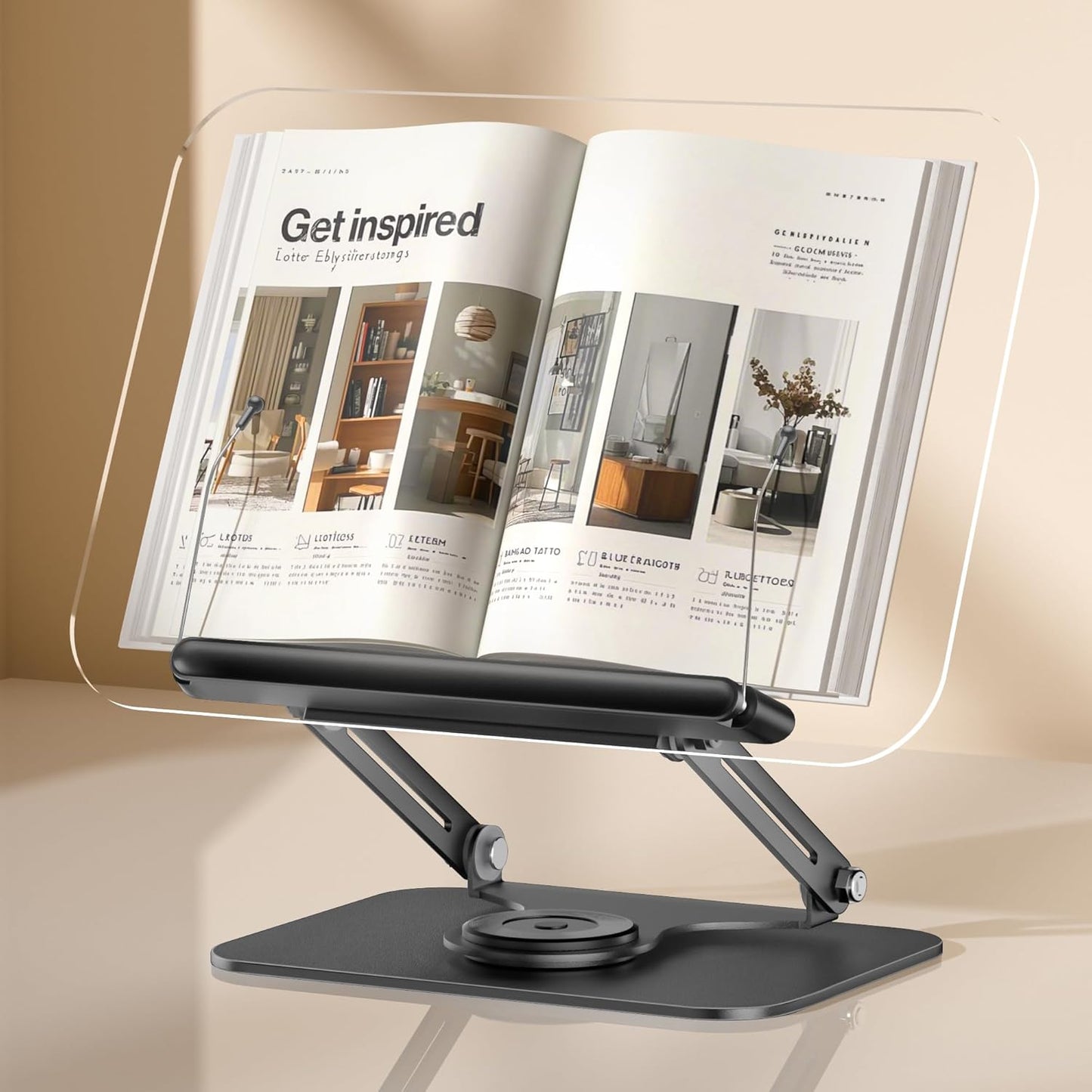 ASIEIT Desk Clamp Book Stand, Aluminum Book Holder Adjustable Height & Angle, Cookbook Stand for Kitchen, Recipe Book Holder with 360° Swivel Base, Book Stand for Reading, Office, Laptop