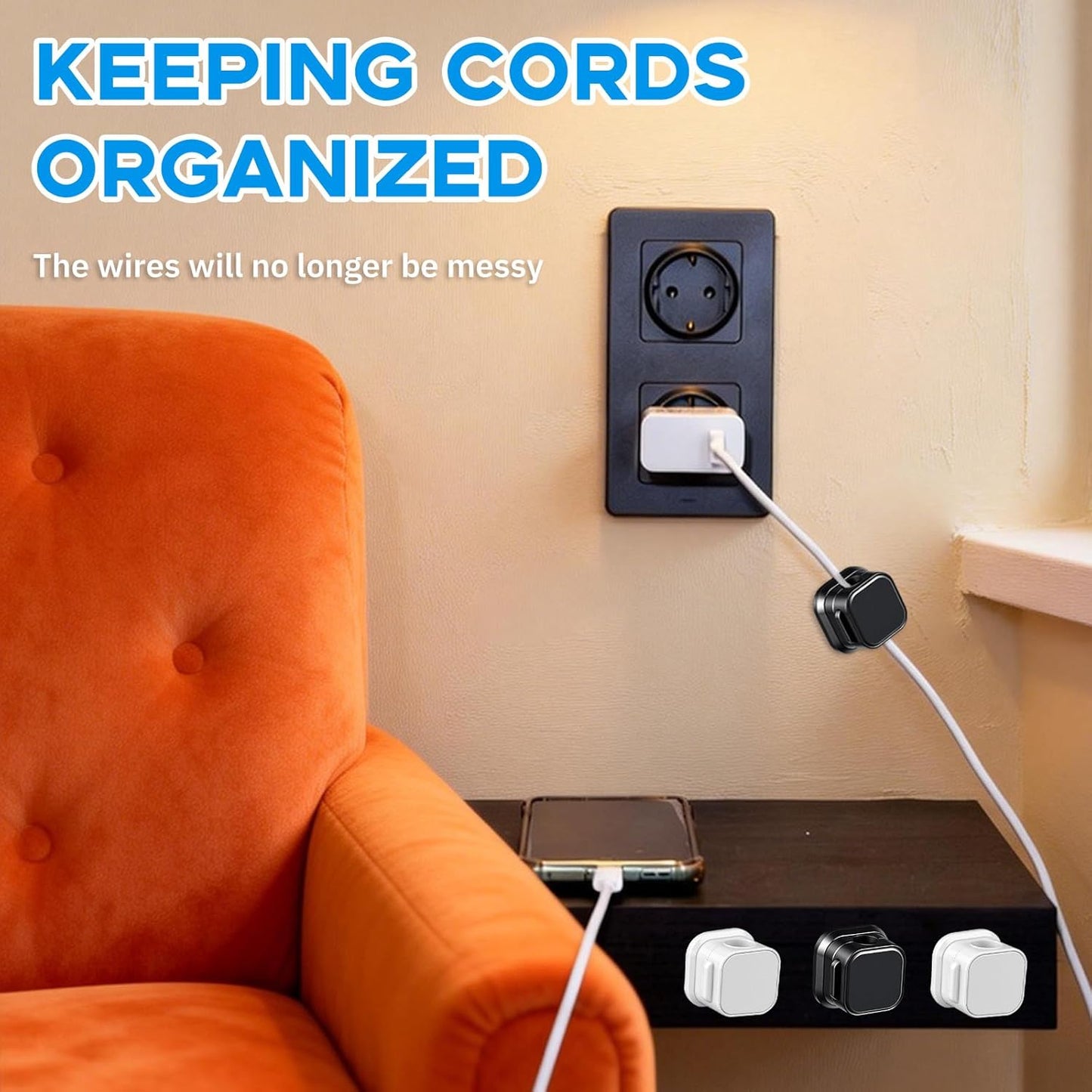 Magnetic Cord Organizer, 12 Pack (6 Black + 6 White), Strong Adhesive Cable Management Clips for Desk, Nightstand, Office & Car