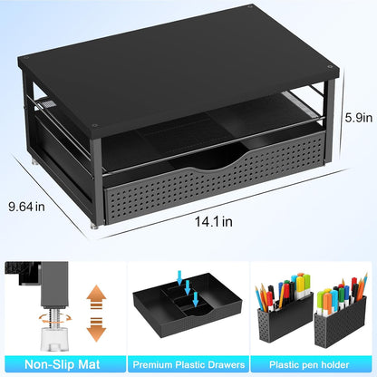 gianotter Wood Monitor Stand Riser, Office Desk Shelf Organizer, Desk Organizer with Drawer and Pen Holder, 2-Tier Computer Stand, Office Organization (Ink)