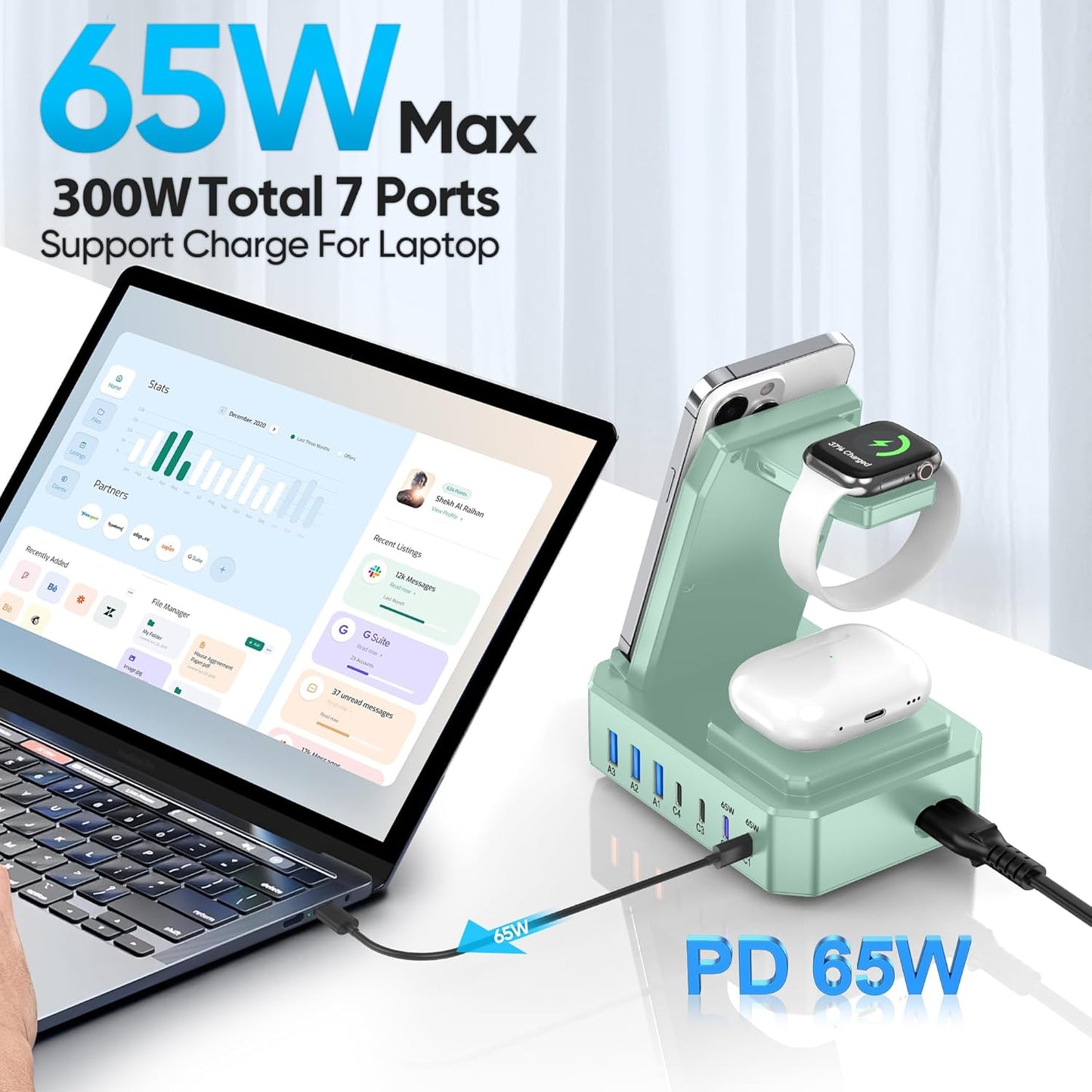 300W Charging Station for Multiple Devices Apple,10 in 1 Wireless Charger for iPhone,GaN III USB C 65W PD Fast Charging Stand Dock for MacBook,iWatch&Airpods (Wireless Charging Only for Apple)