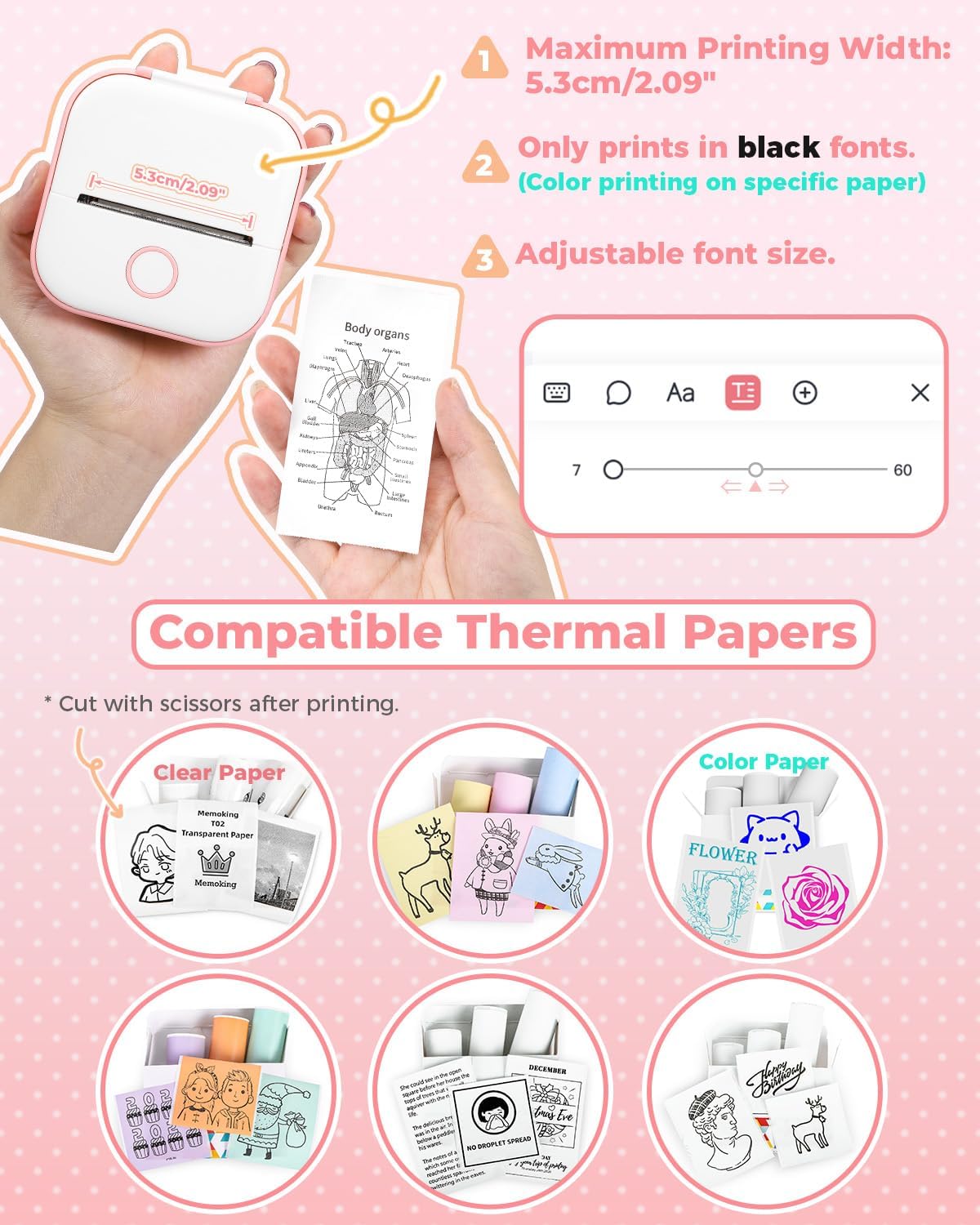 Memoking Sticker Maker - T02 Mini Sticker Printer Wireless Inkless Label Maker Portable Thermal Printer for Student Birthday Gift, Impresora Portátil for Note, DIY, Compatible with iOS & Android, Pink
