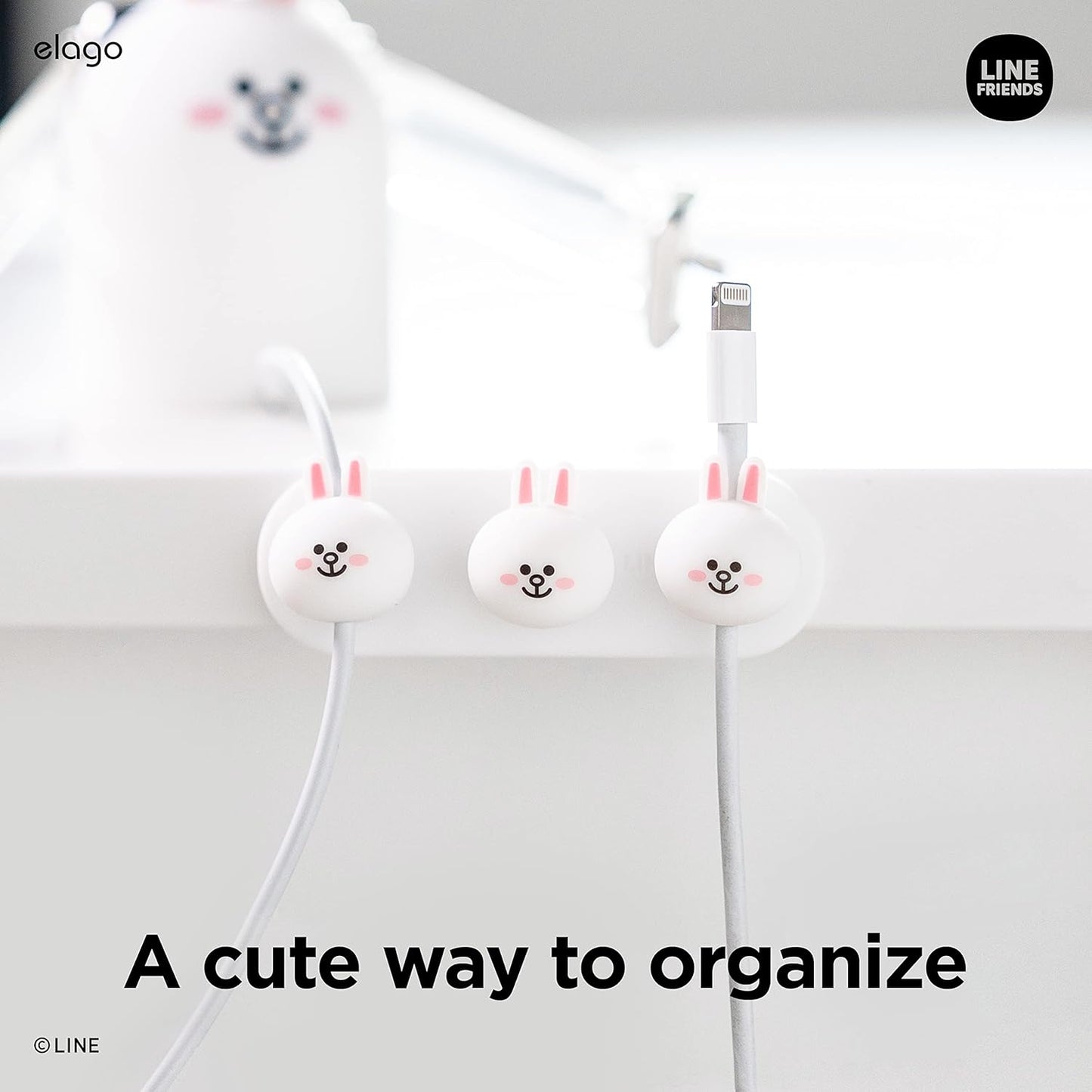 elago | LINE Friends Magnetic Cable Management Buttons, Organize 3 Cables, Powerful Magnets, Reusable Sticker Attaches to Surface, Desk Organization (Brown)