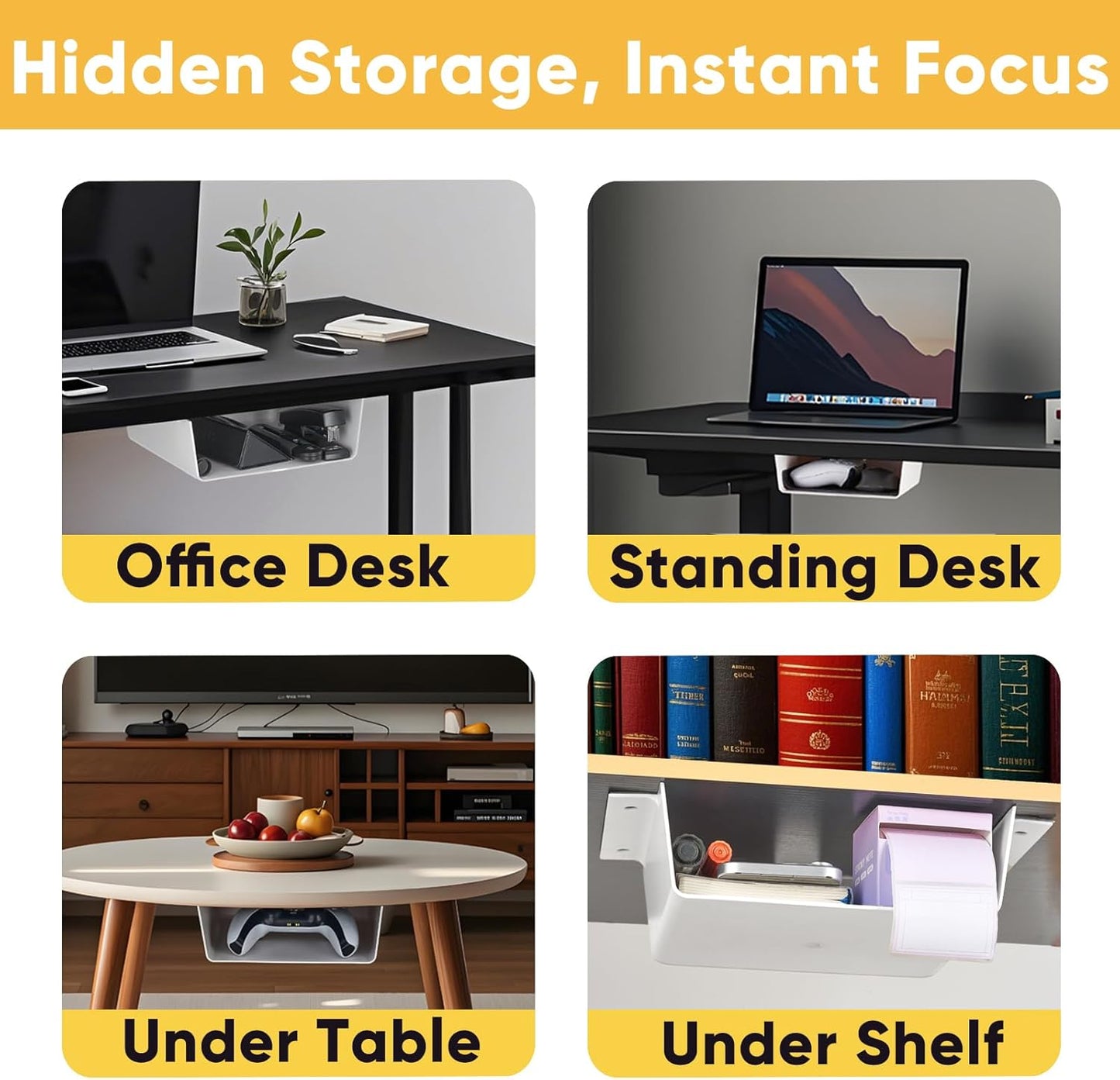 2 Pack Under Desk Hanging Drawer Slide Pull Out, Attachable Clear Acrylic Storage Tray, Easy Hidden Self Adhesive Mount Cabinet Shelf Holder for Tables, Home & Office, Counters, Workstation