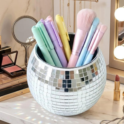 Disco Ball Makeup Brush Holder & Pen Cup - Fun Desk Accessories for Office, Cute Aesthetic Room Decor, 4.7 inch Unique gift vase for Her (rosegold)