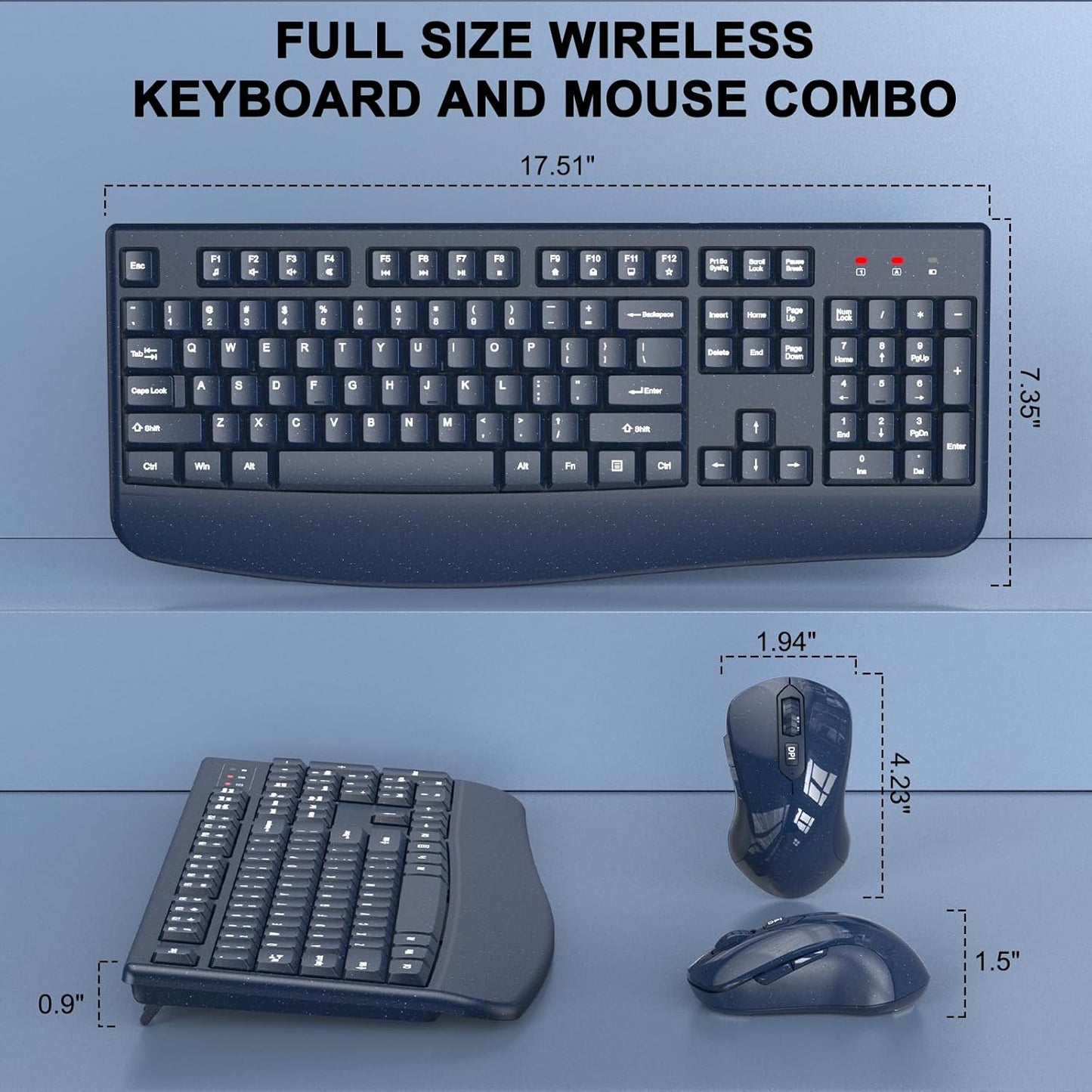 Wireless Keyboard and Mouse Combo, 2.4G Full Size Wave Keys Ergonomic Keyboard with Wrist Rest and 3-Level DPI Adjustable Wireless Ergonomic Mouse for Windows, Mac OS Desktop/Laptop/PC(Black)