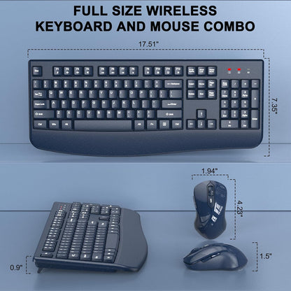 Wireless Keyboard and Mouse Combo, 2.4G Full Size Wave Keys Ergonomic Keyboard with Wrist Rest and 3-Level DPI Adjustable Wireless Ergonomic Mouse for Windows, Mac OS Desktop/Laptop/PC(Black)