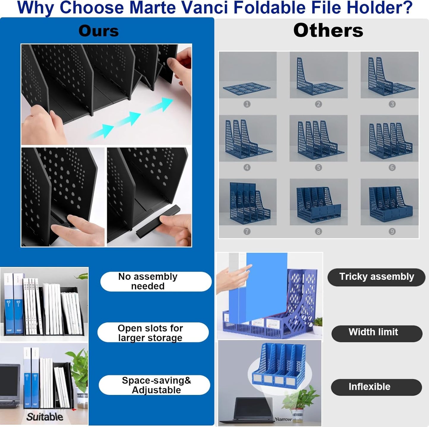 Marte Vanci Collapsible Magazine File Holder with 4 Vertical Compartments, Binder Holder for Desk, Desktop Binder Organizer for Notebook, Documents, Book, School Office Supplies(Black)