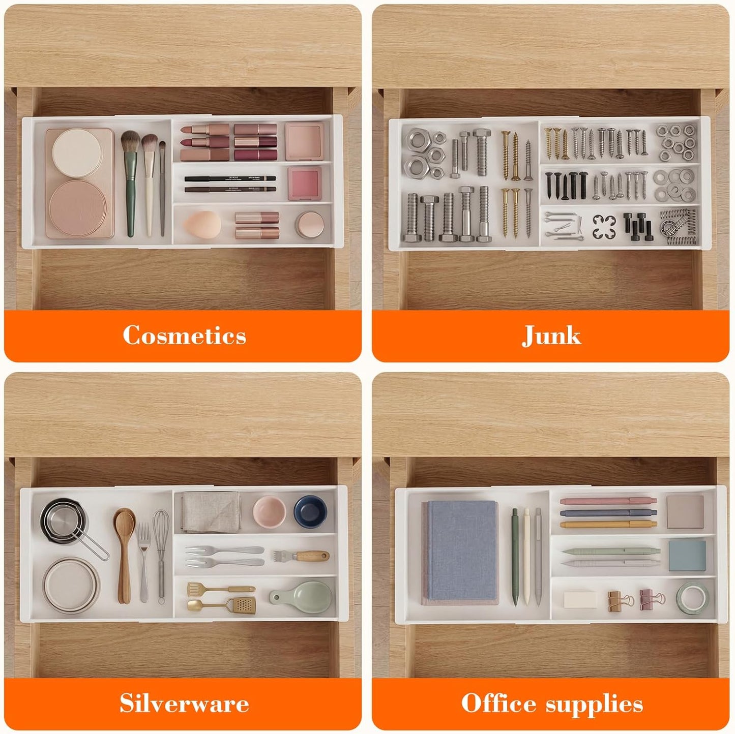 Briwooody Expandable Drawer Tray with Adjustable Dividers, 12.6-19.96 Inch Hanging Sliding Desk Organizer, 1.18'' Deep White Office Storage for Pens Paper Clips Sticky Notes Tape, Desk Accessories