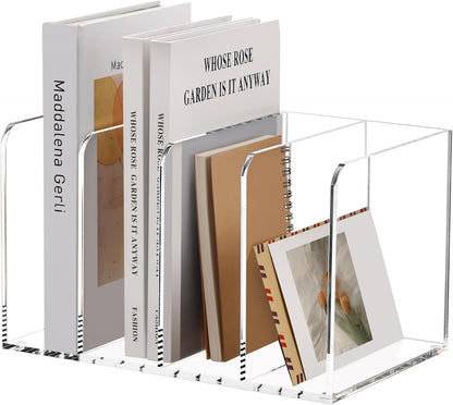 SANRUI Acrylic Desk Magazine File Holder, Clear Desk Organizer with 4 Vertical Compartments, Workspace Document Sorter for Documents, Tablet, Magazines, Books & Accessories