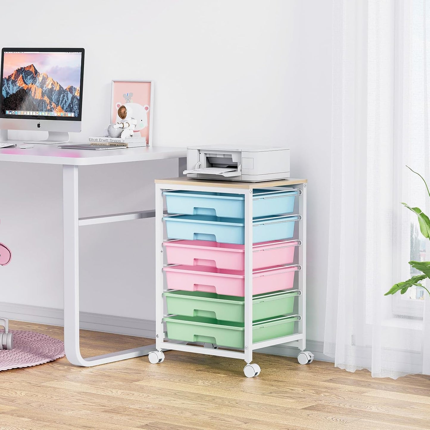 SYKIARIOL Rolling Storage Utility Cart with 6 Drawers and Wooden Tabletop for Under Desk Storage,White