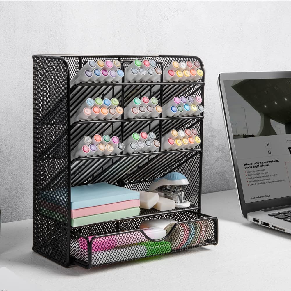 Spacrea Pen Holder Desk Organizer - Desk Organizers and Accessories, Pencil Holder with 10 Compartments and 1 Drawer（Rose Gold）