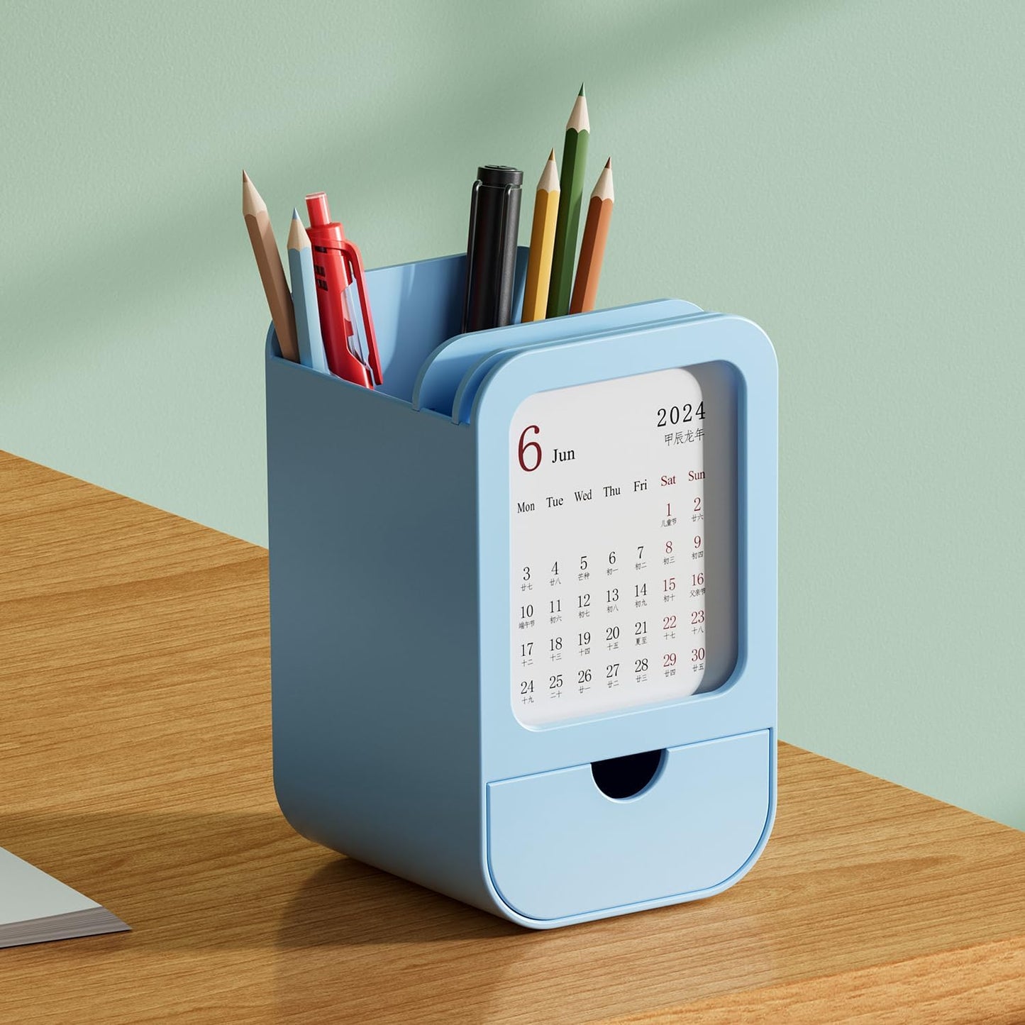 Upgraded Pen Holder with Built-in Calendar - Modern Desk Organizer for Office, School, Home, Premium Silicone Design with Chic Aesthetic, Multi-Functional Stationery & Makeup Storage - Blue