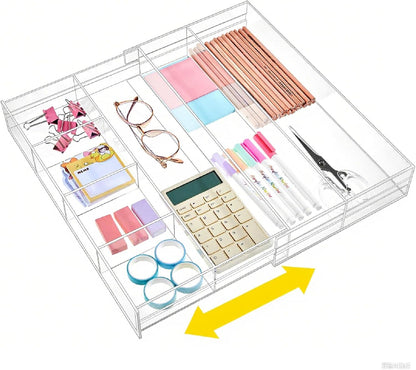 Briwooody 1 Pcs Acrylic Desk Drawer Organizer 9'' up to 16'' x 12'' x 2.2'' Expandable Drawer Organizer Trays with 10 Adjustable Compartments Clear Desk Accessories for Makeup Office Bathroom