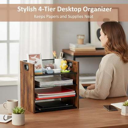Wood Desk Organizer - 3-Tier Desktop File Organizer with Drawer, Wooden Paper Tray, Office Desk Organzier and Accessories for Papers, Mail, Notebooks, Stationery