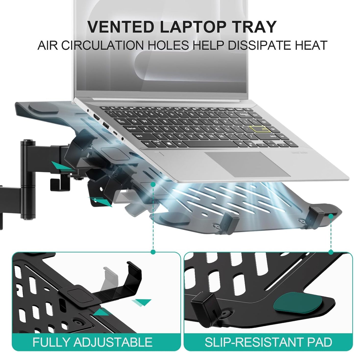 WALI Laptop Desk Mount for 17 inch Notebook, Adjustable Single Monitor Arm with Laptop Holder for 32 inch Screen, Laptops Stand with Ventilated Tray, Up to 22 lbs, (M00LP), Black