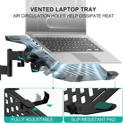 WALI Laptop Desk Mount for 17 inch Notebook, Adjustable Single Monitor Arm with Laptop Holder for 32 inch Screen, Laptops Stand with Ventilated Tray, Up to 22 lbs, (M00LP), Black