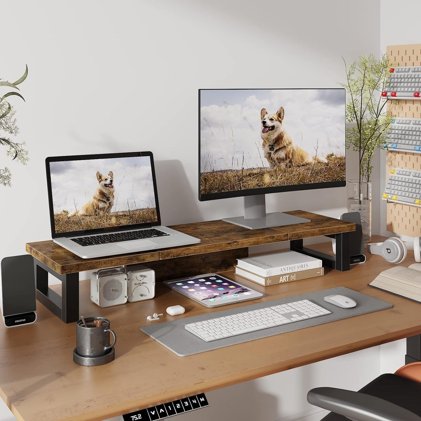 WESTREE Dual Monitor Stand Riser, Wood and Steel Multi-Purpose Desktop Storage Stand for 2 Monitors for Computer, Laptop, Printer, TV, Rustic Brown