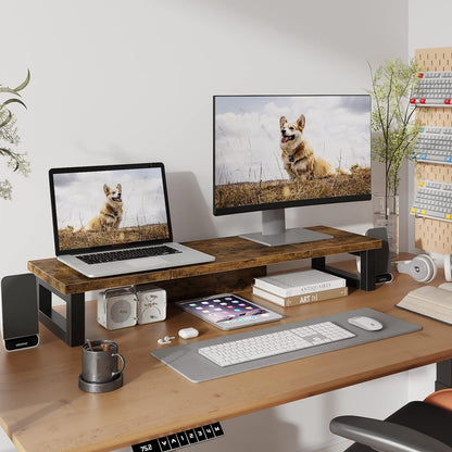 WESTREE Dual Monitor Stand Riser, Wood and Steel Multi-Purpose Desktop Storage Stand for 2 Monitors for Computer, Laptop, Printer, TV, Rustic Brown