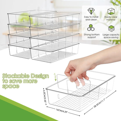 ZIZOTI Snack Organizer for Pantry Shelf, 6 Pack Clear Plastic Pantry Storage Bins with 3 Dividers for Snacks, Spices, Chips Food Organizer, Stackable Pantry Organizers for Kitchen, Fridge, Cabinet