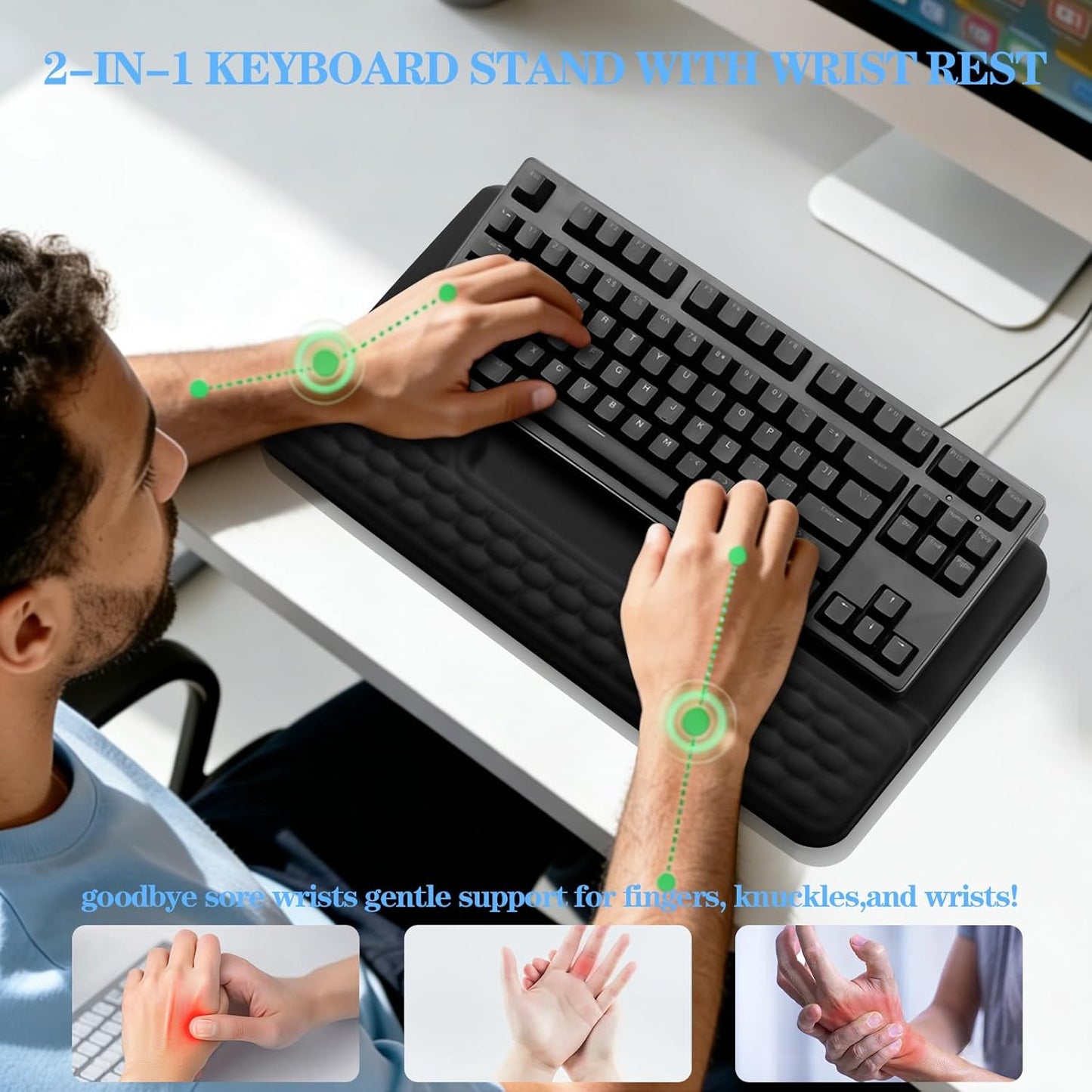 Computer Keyboard Stand Pad with Wrist Rest, Ergonomic Comfy Tilted Keyboard Stand Riser Holder Pad for Office Home (Black)