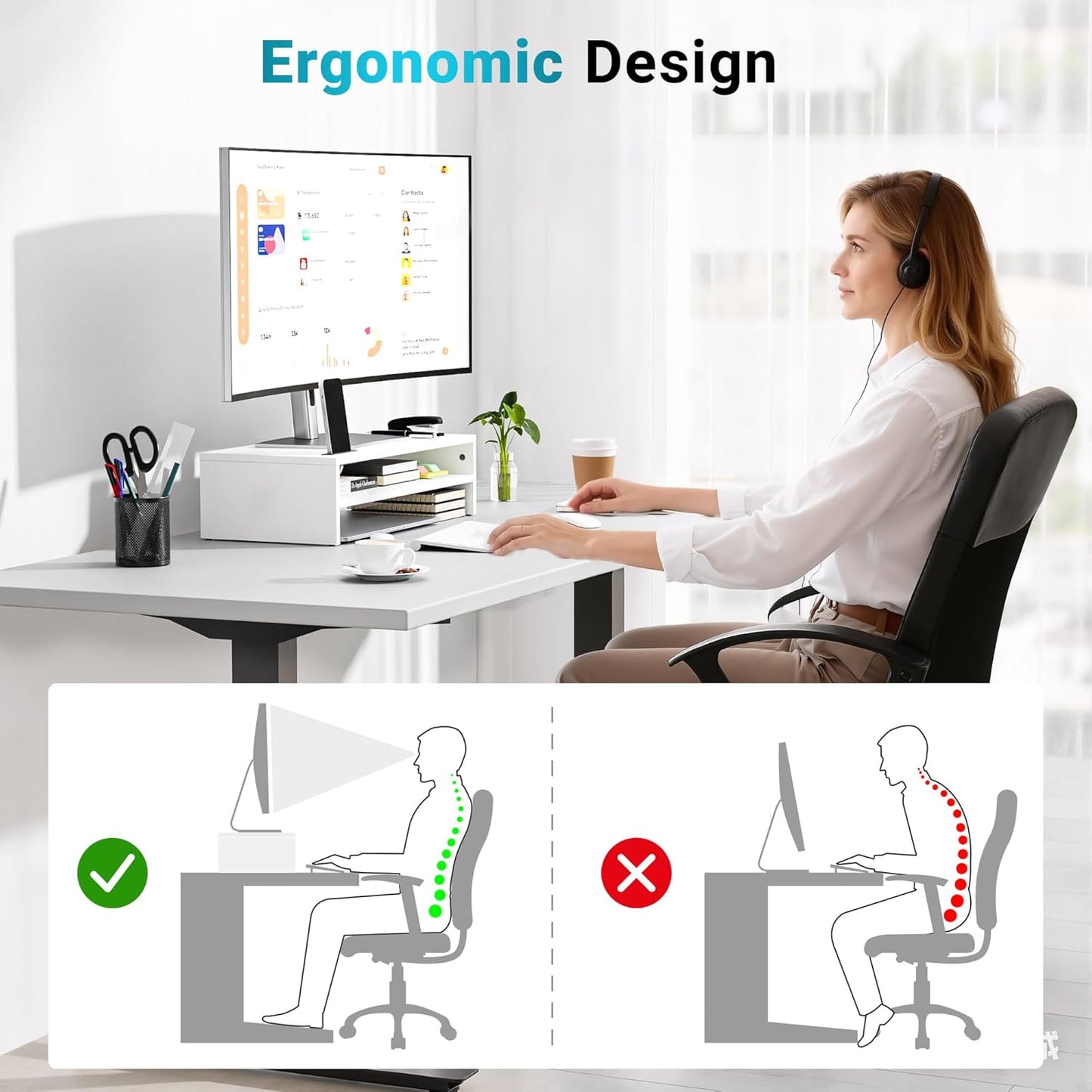 BONTEC Wooden Monitor Stand Riser, 2-Tier Desk Shelf with Storage Organizer, Ergonomic Computer Stand with Cable Management, Cellphone Holder, White, 16.5 Inch