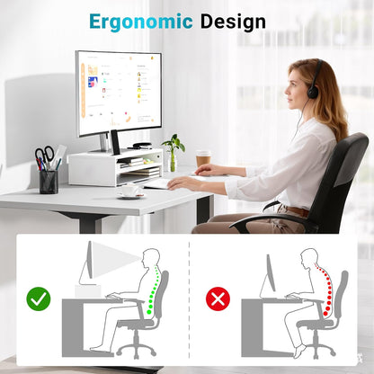BONTEC Wooden Monitor Stand Riser, 2-Tier Desk Shelf with Storage Organizer, Ergonomic Computer Stand with Cable Management, Cellphone Holder, White, 16.5 Inch