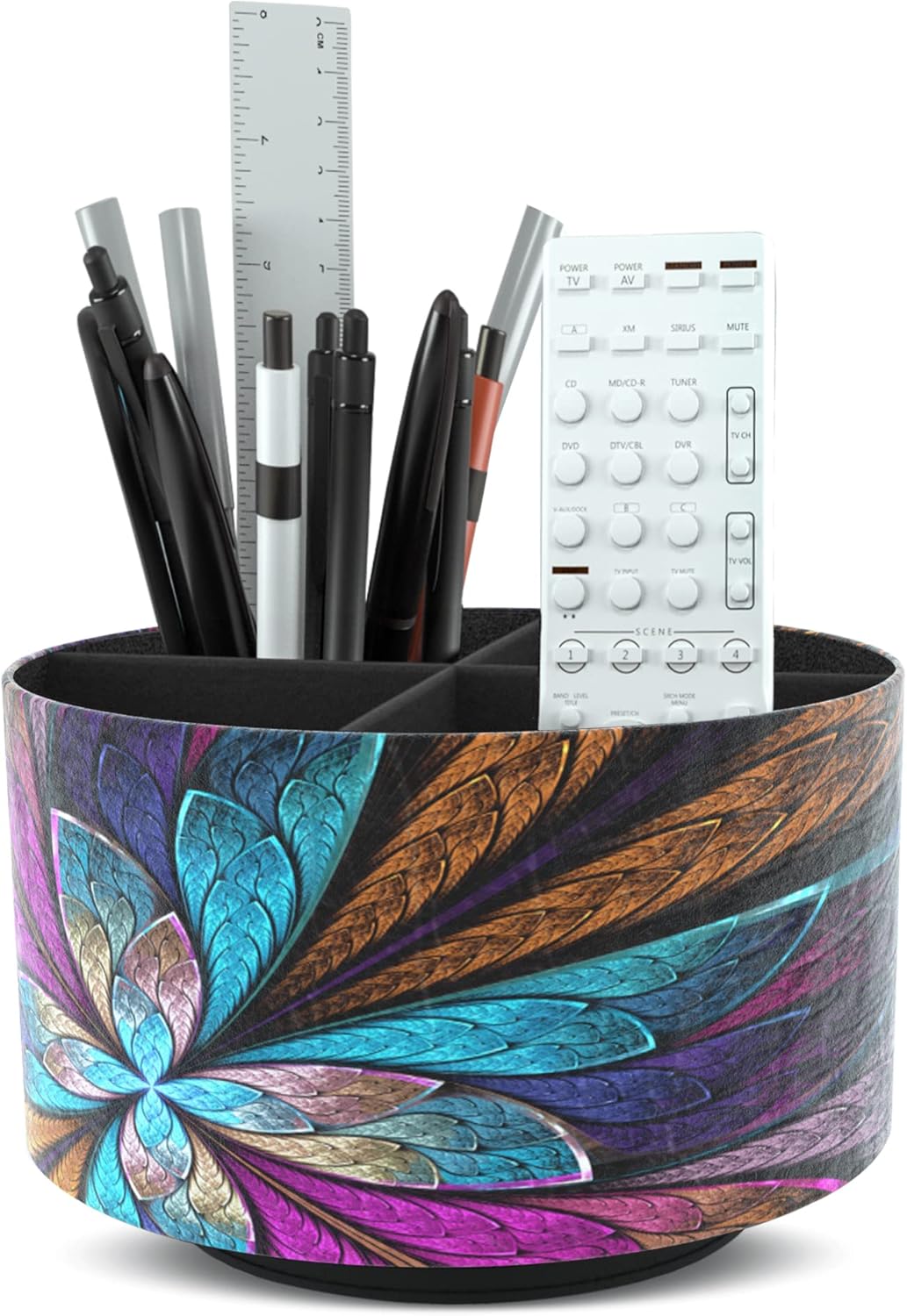 Hennaja Round Leather Art Supply Organizer,Remote Control Holder,360 Degree Rotating,Multi-Functional Pencil Holder,4 Compartments Desktop Stationary Organizer(1-Blue Bird) - Colors A