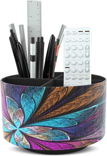Hennaja Round Leather Art Supply Organizer,Remote Control Holder,360 Degree Rotating,Multi-Functional Pencil Holder,4 Compartments Desktop Stationary Organizer(1-Blue Bird) - Colors A