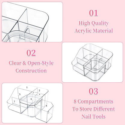 BQAN Transparent Acrylic Nail Desk Organizer with Spinning Drawer, Drill & Brush Holder, Desktop Manicure Tool Storage for Nail Techs, Makeup, Skin Care (Black) - Professional Salon or Home Use