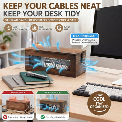 Chunful Extra Large Cable Management Box, 16'' Wood Cord Hider Organizer with Ventilation Nets & Organizer for Power Strip, TV Wires & Desk Cable Storage, Magnetic Lid Hide Floor Cables