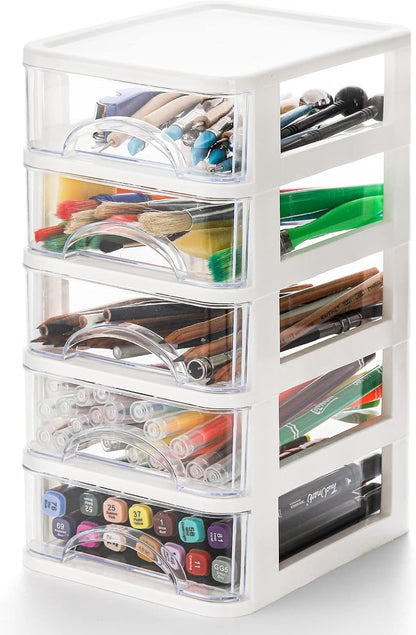 Hedume Desktop Drawer, Clear 5 Drawer Desktop Storage Unit, White Frame with Clear Drawers, Drawer Unit