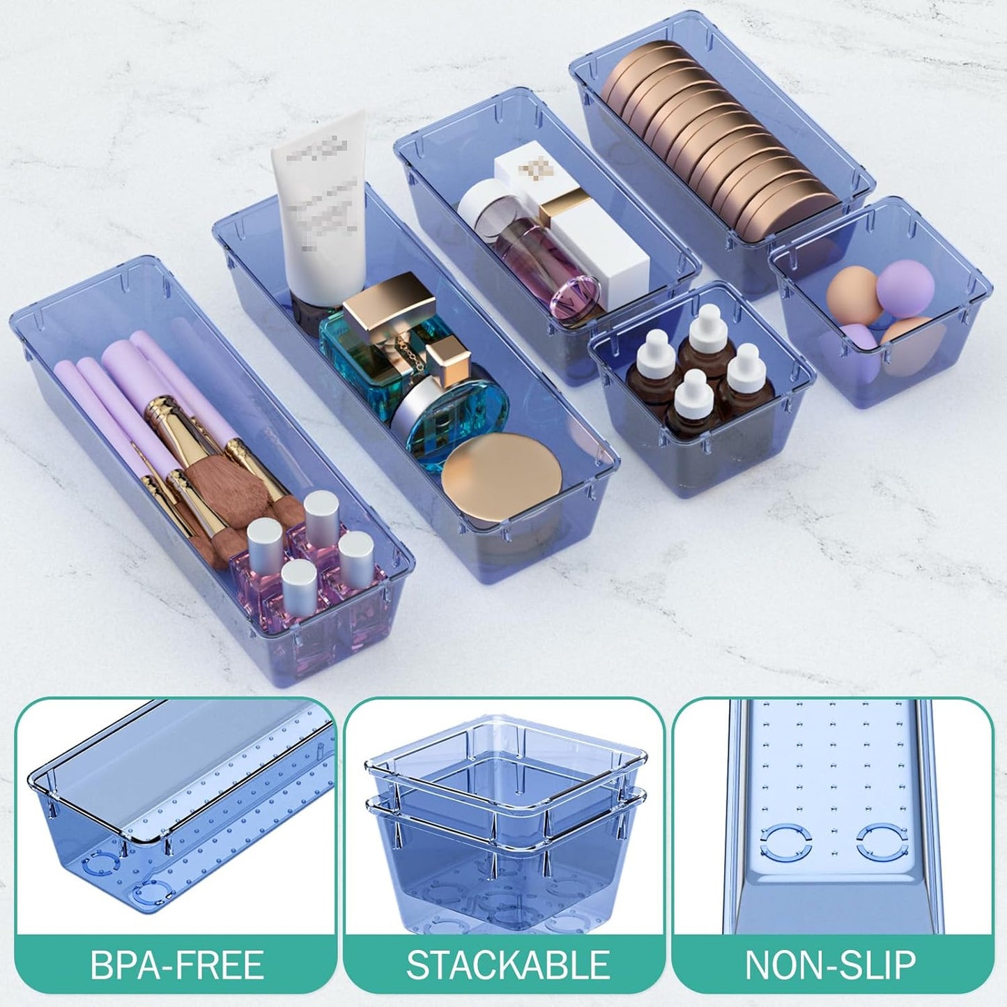 WOWBOX 6 Pack Clear Drawer Organizer Set, Acrylic Drawer Storage Trays, Storage Bins for Makeup, Cosmetics, Jewelries, Utensils, Gadgets, Office