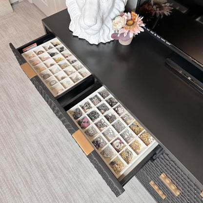 Coward Stackable Jewelry Trays Organizer Set with Clear Lid, Trays for Drawer, Earring Necklace Bracelet Ring Display Organizer (beige(ring+12girds+30girds+The glass lid))