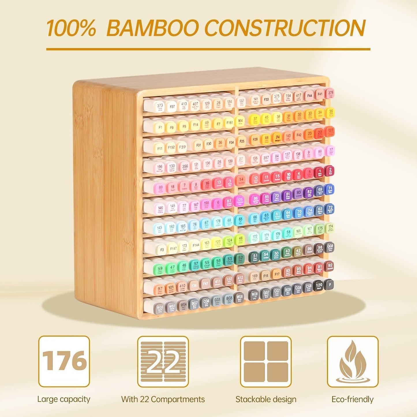 walowalo Markers Organizer Hold 176 Markers Birthday Gifts Bamboo Pen Holder Art Supply Pencil Alcohol Storage Organizer 22 Compartments All-in-One Marker Storage for Home Office Desk Classroom
