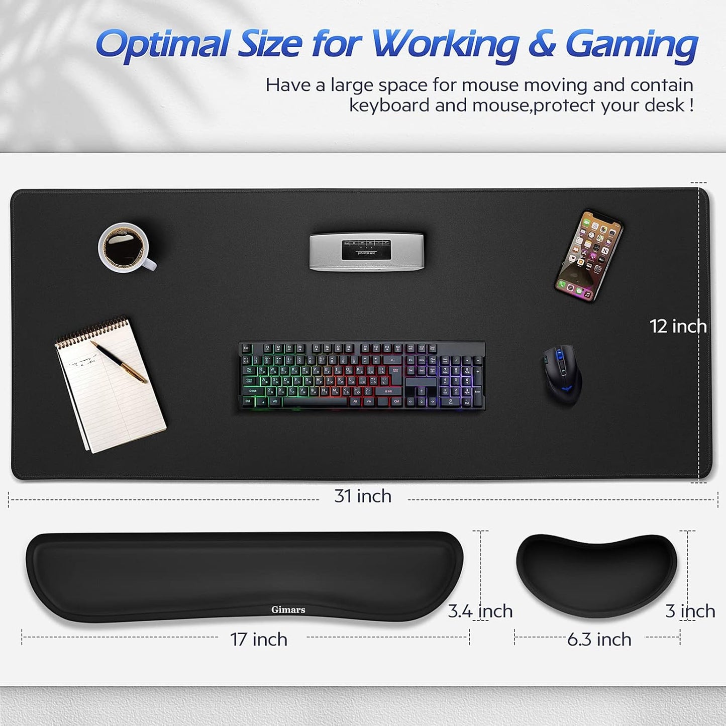 Gimars Upgrade Enlarge Silky and Superfine Fabric Gel Memory Foam Keyboard Wrist Rest Set, Ergonomic Keyboard Mouse Wrist Support for Typing Pain Relief, Comfort for Office, Gaming, Computer