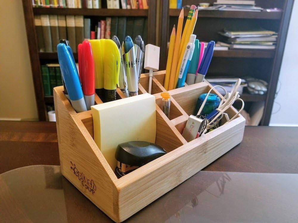 Small Multifunctional Bamboo Organizer | Desk Caddy | Home Office Accessory Tray | School Art Supply Holder | Pen Pencil Brush Compartment | Kitchen Bathroom Countertop Storage