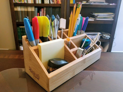 Small Multifunctional Bamboo Organizer | Desk Caddy | Home Office Accessory Tray | School Art Supply Holder | Pen Pencil Brush Compartment | Kitchen Bathroom Countertop Storage
