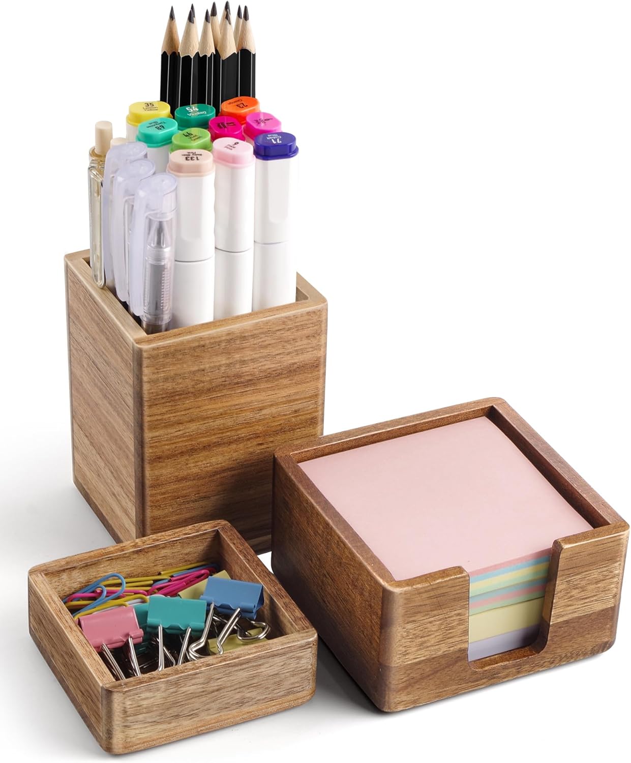 Acacia Wood Desk Organizer Set with Sticky Note Holder, Pencil Pen Cup & Paper Clip Storage, Office Desk Accessories for Marker Craft (Set of 3)