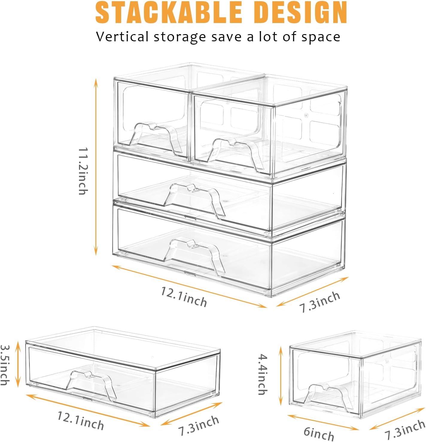 Stebopum 6 Pack Stackable Makeup Organizer, 4.4'' Tall Acrylic Bathroom Makeup Organizer and Storage Drawer with Pull-out Handle, Clear Plastic Storage Bins for Vanity,Pantry,Desk,Undersink,Kitchen