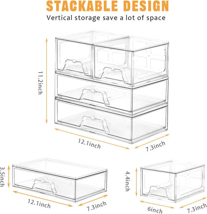 Stebopum 6 Pack Stackable Makeup Organizer, 4.4'' Tall Acrylic Bathroom Makeup Organizer and Storage Drawer with Pull-out Handle, Clear Plastic Storage Bins for Vanity,Pantry,Desk,Undersink,Kitchen