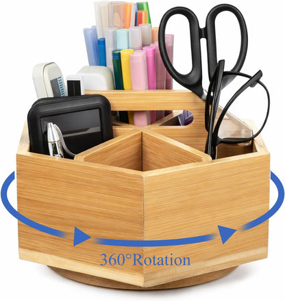 Bamboo Rotating Art Supply Desk Organizer, Rotating Marker Organizer for Alcohol Markers, Office Supplies Desktop Storage Caddy, 360-Degree Rotatings Bamboo Storage for Pencils, Pen, Paint Brushes