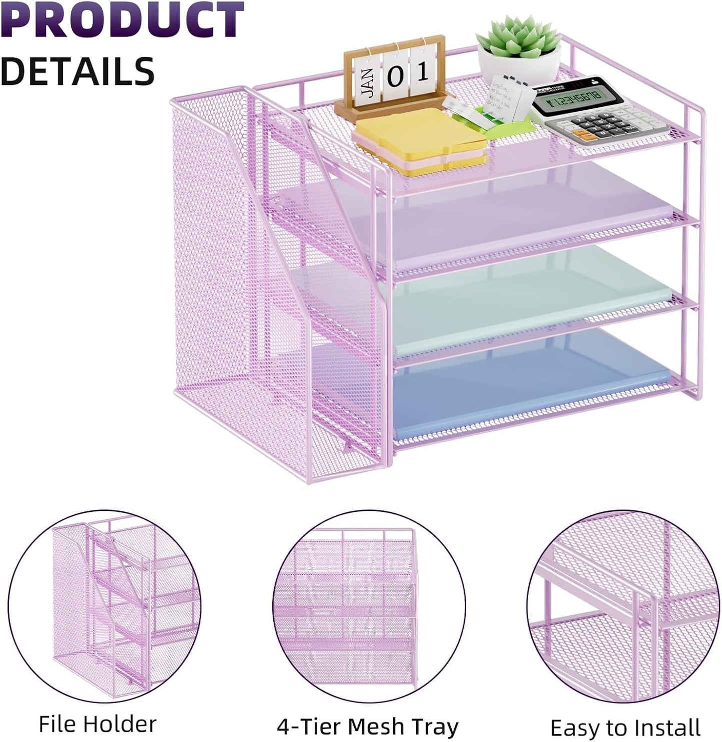 Marbrasse Desk Organizer and Accessories，4-Tier Paper Letter Tray Organizer with File Holder，Desk Accessories & Workspace Desktop Organizers for School Home Office Supplies (Blue)