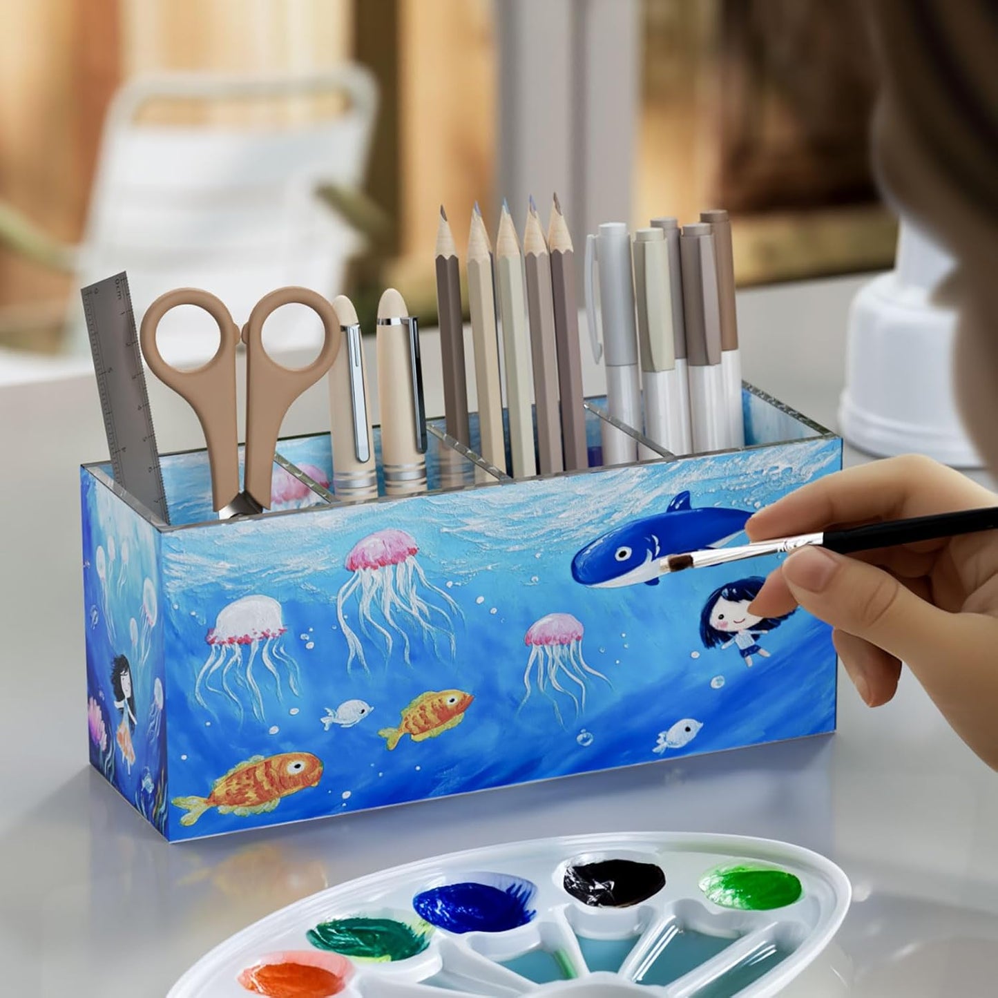 NIUBEE Acrylic Pen Holder 4 Compartments, Clear Pencil Organizer Cup for Countertop Desk Accessory Storage