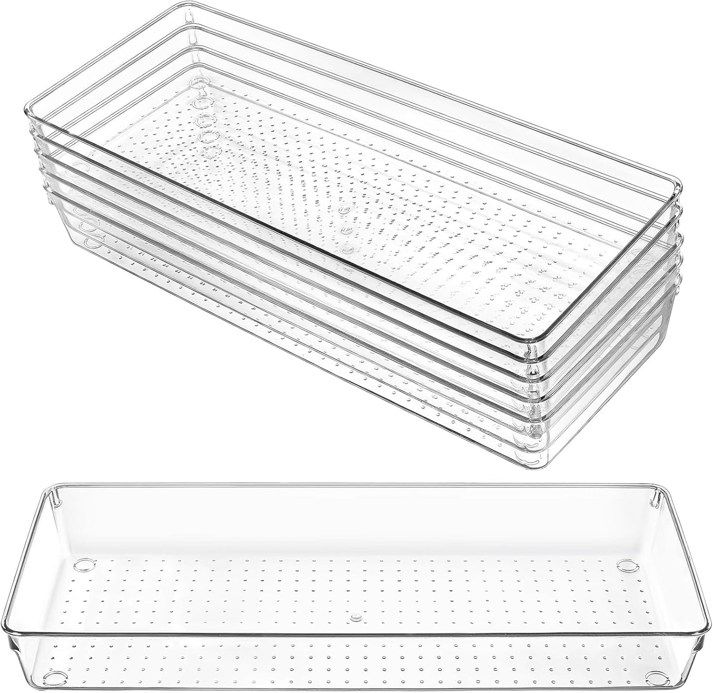 6 Pack Clear Drawer Organizer Trays 15 x 6 x 2 Inch Large Size Clear Plastic Desk Drawer Storage Bins Container Desk Drawers Divider Storage Bins for Utensils Junks Vanities Makeups Jewelry