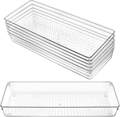 6 Pack Clear Drawer Organizer Trays 15 x 6 x 2 Inch Large Size Clear Plastic Desk Drawer Storage Bins Container Desk Drawers Divider Storage Bins for Utensils Junks Vanities Makeups Jewelry