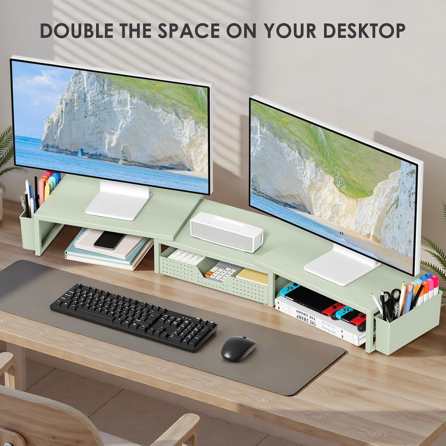OPNICE Clear Acrylic Desk Organizers and Accessories, Dual Monitor Stand Riser with Drawer, Desk Shelf Computer Racks for Office Workspace Organizers, Desktop Organization (Transparent)
