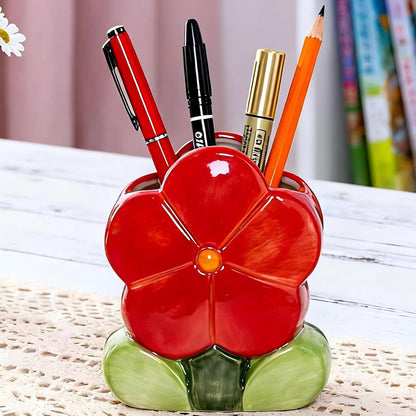 Red Makeup Brush Holder Pen Holder Office Desk Accessories Aesthetic Pencil Holders Cute Toothbrush Holders Flower Home Decor Vase Birthday Gifts for Women Vanity Kawaii Kitchen Utensil Holder