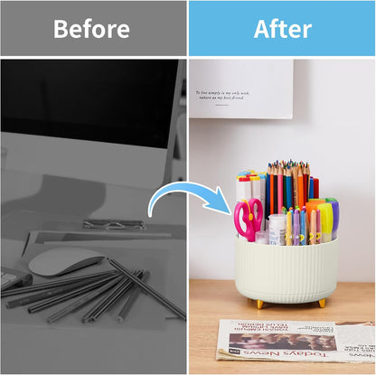 Marbrasse Desk Organizer, 360-Degree Rotating Pen Holder, Desk Organizers and Accessories with 5 Compartments Pencil Holder, Art Supply Storage Box Caddy for Office, Home（White）
